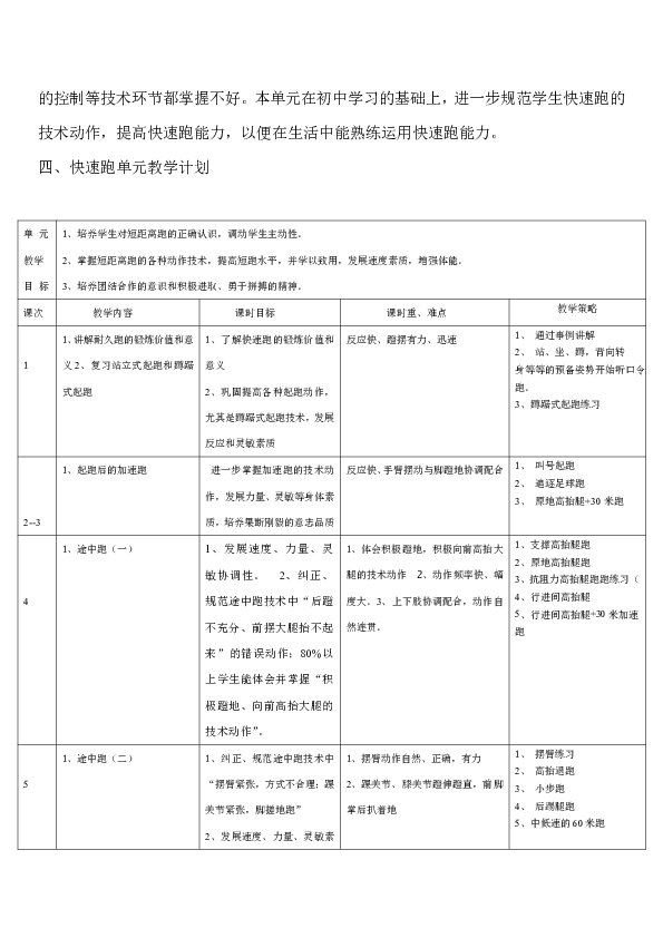 体育单元教学计划高中