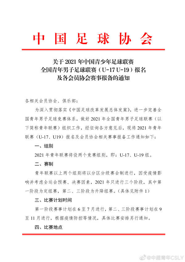 中国足协启动第四届U19中青赛报名通知